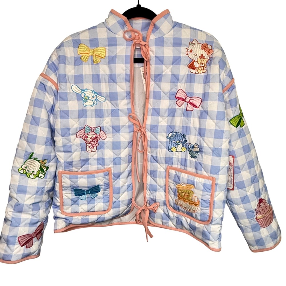 Sanrio Hello Kitty Friends Quilted Jacket Womens M Blue Gingham NWT Embroidered